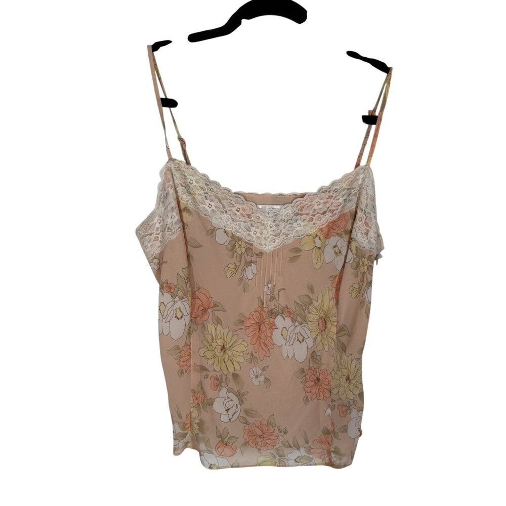 Ann Taylor Loft Women Sz 12 Peach Floral Lace Trim Spaghetti Strap Camisole Top